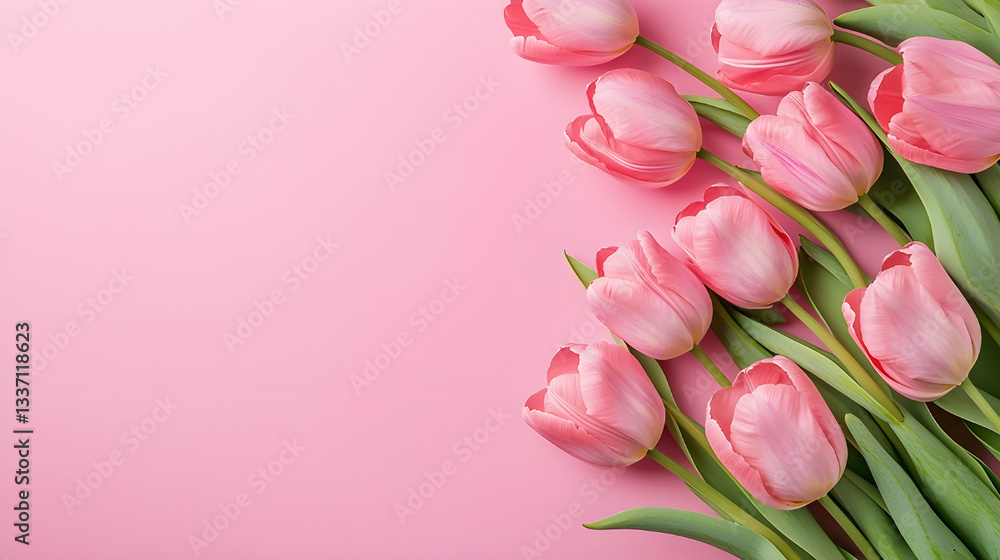 Obraz premium Pink Tulip Flowers on Soft Pastel Background with Copy Space – Elegant Spring Floral Border for Greeting Cards, Invitations, Mother's Day, or Wedding Designs