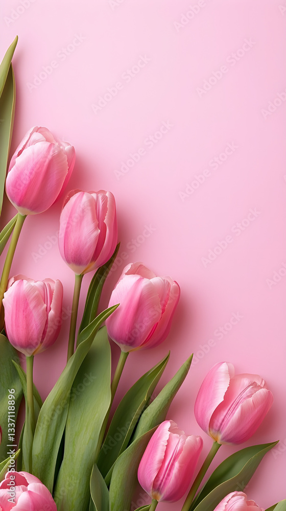 Fototapeta premium Pink Tulip Flowers on Soft Pastel Background with Copy Space – Elegant Spring Floral Border for Greeting Cards, Invitations, Mother's Day, or Wedding Designs