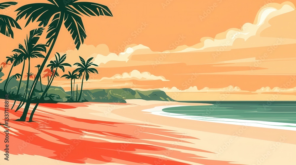 Obraz premium Tropical Beach Sunset Palm Trees Ocean and Sandy Shore