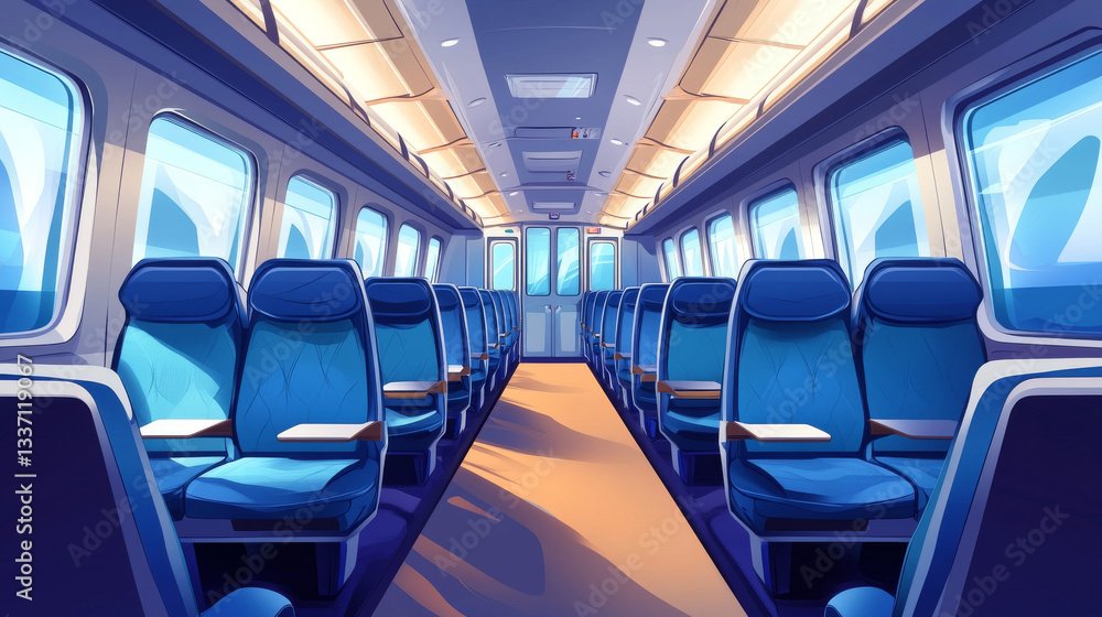 Obraz premium Empty bus, train or airplane interior with chairs and folding back seat tables. Vector cartoon cabin of passenger carriage transport with comfortable seats and foldable tray desk