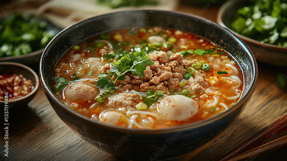 A close up shot of a bowl of asian noodle soup with meat and garnish on a wooden surface bowl. A close up shot of a bowl of asian noodle soup with meat and garnish on a wooden surface bowl.