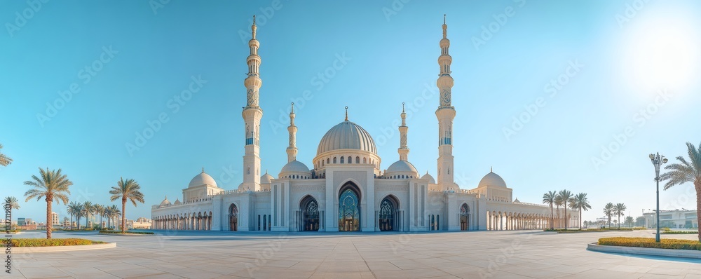 Fototapeta premium A large beautiful white mosque with tall minarets and domes