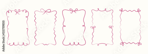 Set of vintage ribbon bows different frames in doodle style.Pretty border with ribbon shapes with space for text. Vector illustration for cute cards, invitation, social media, poster