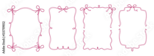 Vintage ribbon bows different frames in doodle style.Pretty border with ribbon shapes with space for text. Set vector illustration for cute cards, invitation, social media, poster