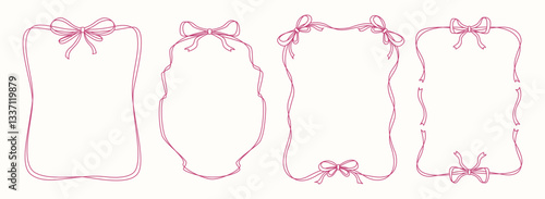 Set of vintage ribbon bows different frames in doodle style.Pretty border with ribbon shapes with space for text. Vector illustration for cute cards, invitation, social media, poster