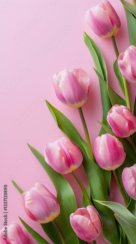 Obraz premium Pink Tulip Flowers on Soft Pastel Background with Copy Space – Elegant Spring Floral Border for Greeting Cards, Invitations, Mother's Day, or Wedding Designs