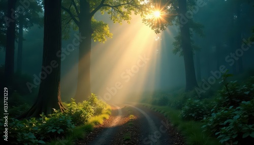 Sunbeams pierce dense fog  illuminating misty forest path  autumn  tranquil  mystical