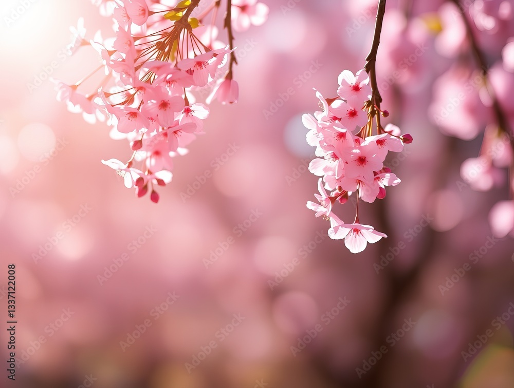 Beautiful cherry blossoms bloom in a serene garden, showcasing delicate pink petals and vibrant colors during springtime