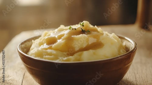 A bowl of creamy mashed potatoes served with gravy, styled with a classic comfort food look