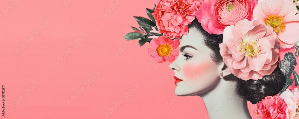 Fototapeta premium National pink day with feminine and art idea. Woman adorned with flowers against a pink background.