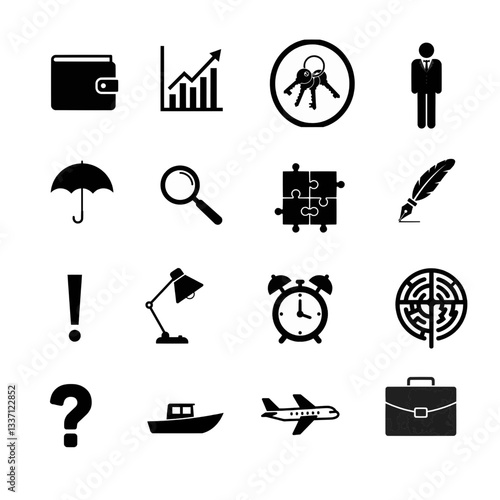  Collection of business icons illustrating concepts like finance, strategy, time management, and travel  vector