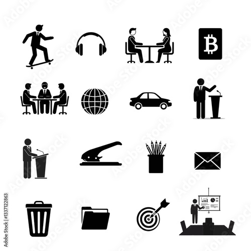 Business icons set featuring businessman skateboarding, meeting, cryptocurrency, and office supplies  vector