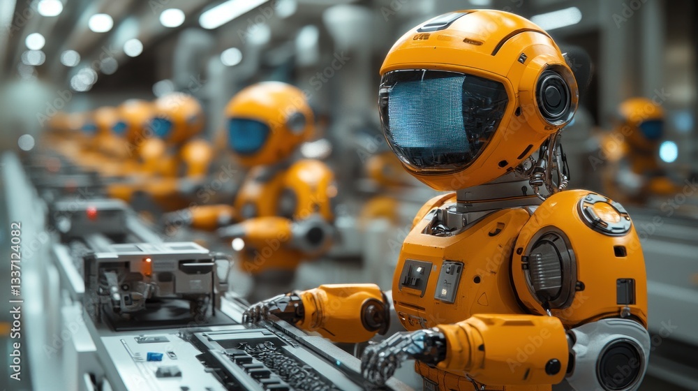 Futuristic Factory: Orange Robots on Assembly Line Futuristic Factory: Orange Robots on Assembly Line