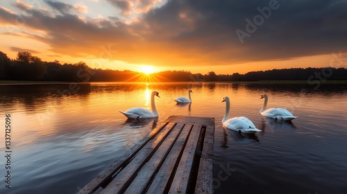 Fototapeta Naklejka Na Ścianę i Meble -  This enchanting twilight scene portrays a pair of graceful swans on a calm lake, accentuated by the soft glow of the sunset and the serene, lush surroundings.