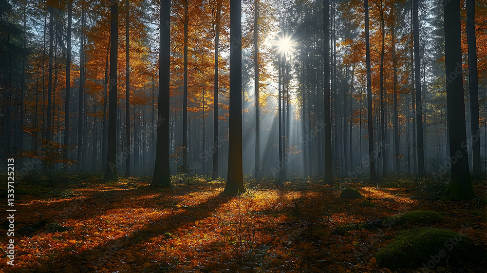 Obraz premium Serene autumn forest with golden leaves, sunlight filtering through trees, creating a tranquil atmosphere