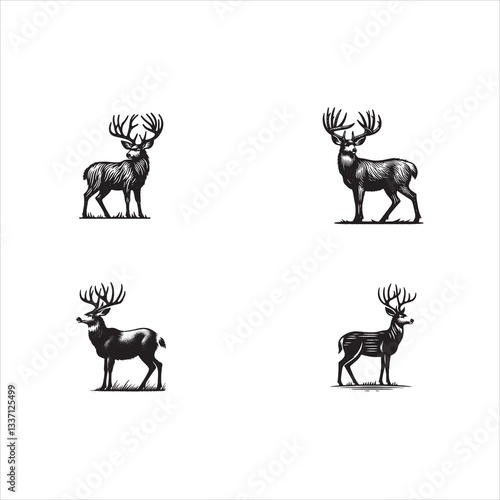 Vector set of deer silhouettes with antlers in various poses for wildlife and nature illustrations