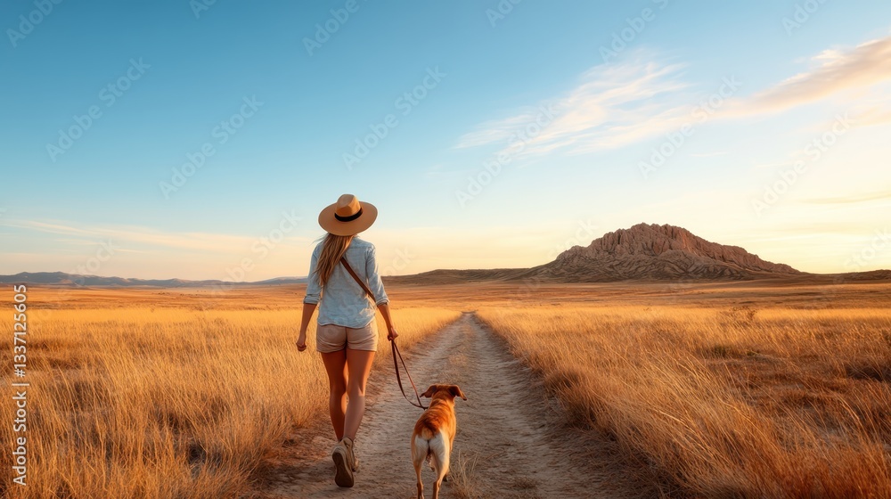 A captivating scene of a wanderer trekking through golden grasslands with her dog, framed by distant mountains, embodying a sense of adventure and connection with nature. A captivating scene of a wanderer trekking through golden grasslands with her dog, framed by distant mountains, embodying a sense of adventure and connection with nature.