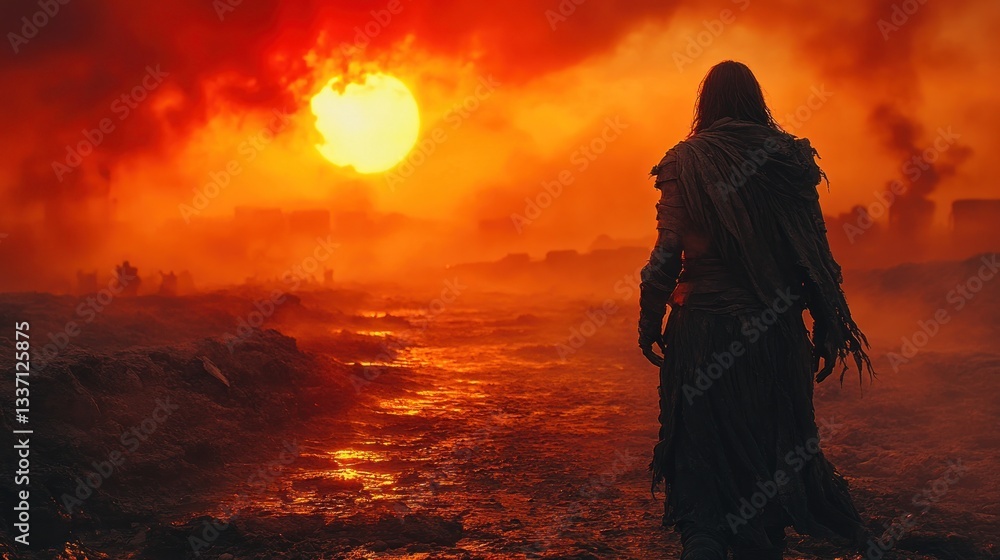 Fototapeta premium Apocalyptic Sunset: A lone figure stands silhouetted against a fiery, post-apocalyptic landscape, a massive sun setting in the distance, casting an ominous glow.