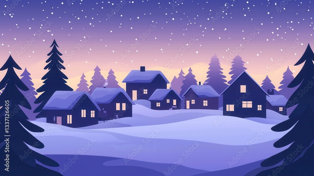 Fototapeta premium Winter Village Scene Cozy Snow Covered Houses at Dusk