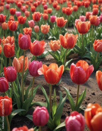 Vibrant tulip petals swaying gently in the spring breeze,  sunny,  garden,  blooming