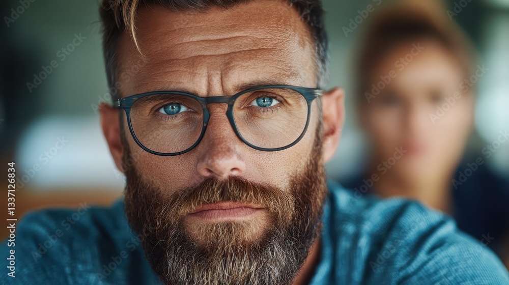A close-up of a bearded man wearing glasses, deeply focused and looking directly at the viewer in a brightly lit room, embodying confidence and authenticity. A close-up of a bearded man wearing glasses, deeply focused and looking directly at the viewer in a brightly lit room, embodying confidence and authenticity.
