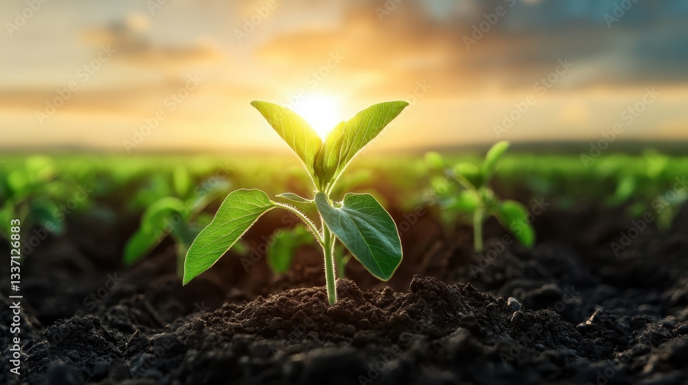 A young plant emerging from rich soil, reaching up towards the sunrise, symbolizing hope, growth, and new beginnings in a vast agricultural landscape. A young plant emerging from rich soil, reaching up towards the sunrise, symbolizing hope, growth, and new beginnings in a vast agricultural landscape.