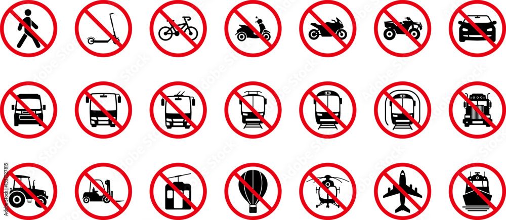 Air, Auto, Railway, Sea Transport Silhouette Icon Set. Sign forbidden Public Transport. Car, Bus, Tram, Train, Metro, Plane, Scooter, Motorcycle, Ship Icon in Front View. Isolated Vector Illustration Air, Auto, Railway, Sea Transport Silhouette Icon Set. Sign forbidden Public Transport. Car, Bus, Tram, Train, Metro, Plane, Scooter, Motorcycle, Ship Icon in Front View. Isolated Vector Illustration
