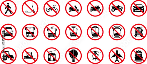 Air, Auto, Railway, Sea Transport Silhouette Icon Set. Sign forbidden Public Transport. Car, Bus, Tram, Train, Metro, Plane, Scooter, Motorcycle, Ship Icon in Front View. Isolated Vector Illustration