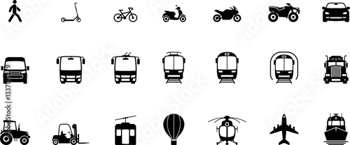 Air, Auto, Railway, Sea Transport Silhouette Icon Set. Stop Station Sign Public Transport Glyph Pictogram. Car, Bus, Tram, Train, Metro, Plane, Scooter, Motorcycle, Ship Icon in Front View. Isolated