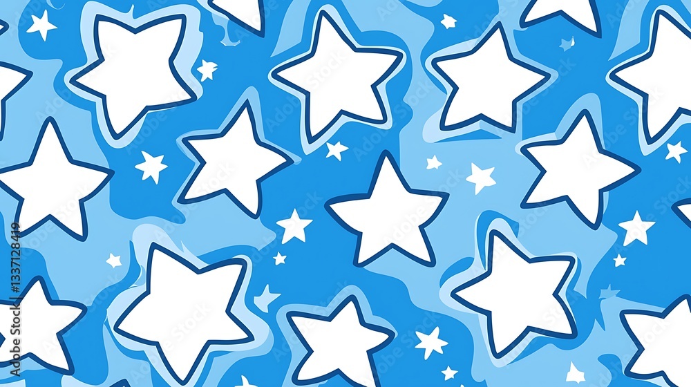 White stars float on blue wavy background, creating a pattern, suitable for children's designs White stars float on blue wavy background, creating a pattern, suitable for children's designs