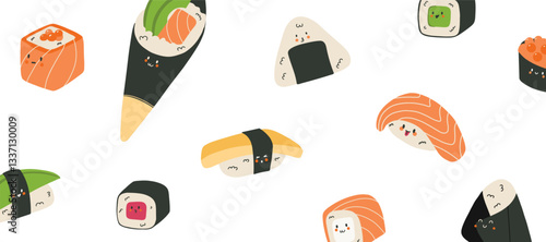 Kawaii japanese food. Rolls and sushi characters, emoji asian cuisine , rice and salmon in seaweed, mascot happy emotions, stickers collection, cartoon flat isolated illustration vector isolated set