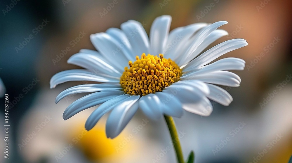Naklejka premium Daisy macro shot with sunlit petals and a bright yellow disk, capturing the essence of wildflowers, summer, and natural beauty, stylized comic book illustration