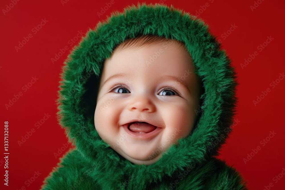 Adorable baby smiling and wearing green fluffy clothes on red background Adorable baby smiling and wearing green fluffy clothes on red background