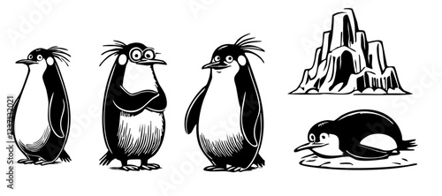 Hand drawn illustration of a set of wild animals. Vector penguins.