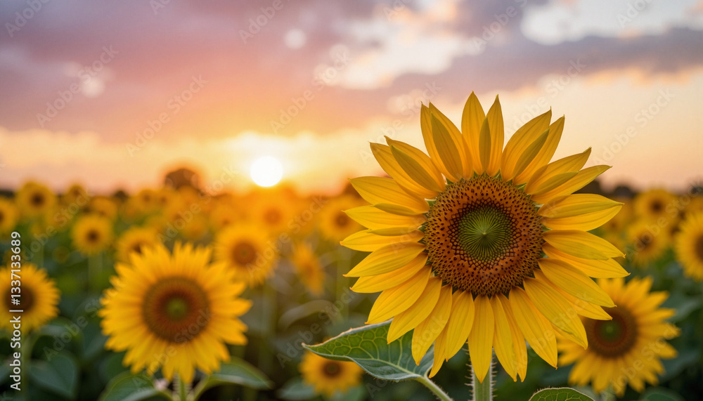 Fototapeta premium Vibrant sunflower glowing in sunset field, nature's serenity