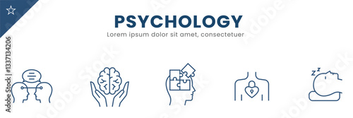 Psychology and mental health line  Icon Set . Relaxation, diagnostic, consultation, wellbeing counselling, neuroscience. Vector Illustration.