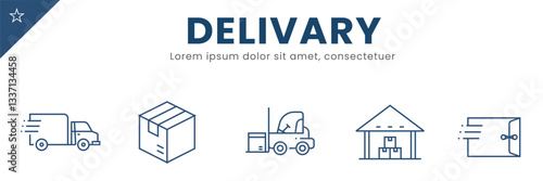 Delivery line  Icon Set . Goods, distribution, logistic, transport, shipment, route . Vector Illustration.