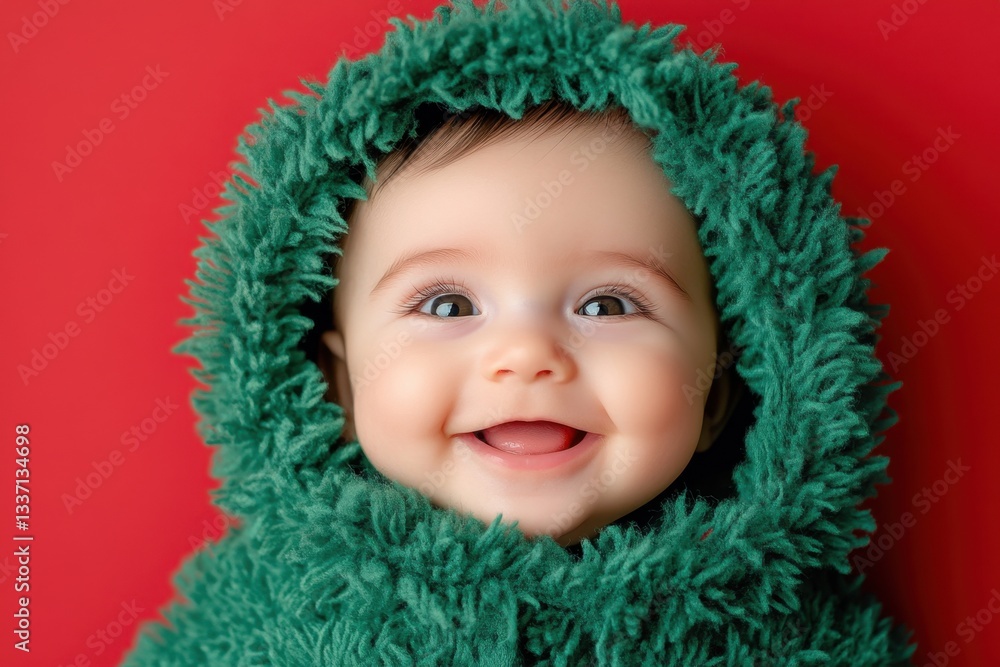 Adorable baby smiling and wearing green fluffy clothes on red background Adorable baby smiling and wearing green fluffy clothes on red background