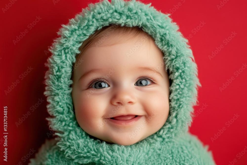 Adorable baby smiling and wearing green fluffy hooded jacket on red background Adorable baby smiling and wearing green fluffy hooded jacket on red background