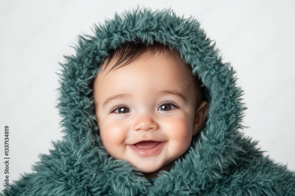 Adorable baby smiling and wearing a soft green hooded coat Adorable baby smiling and wearing a soft green hooded coat