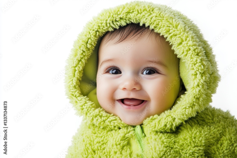 Adorable baby smiling and wearing green hooded outfit Adorable baby smiling and wearing green hooded outfit