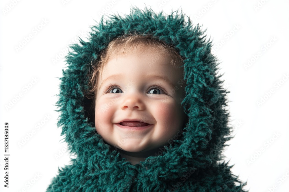 Adorable baby smiling and wearing a green fluffy hooded jacket Adorable baby smiling and wearing a green fluffy hooded jacket