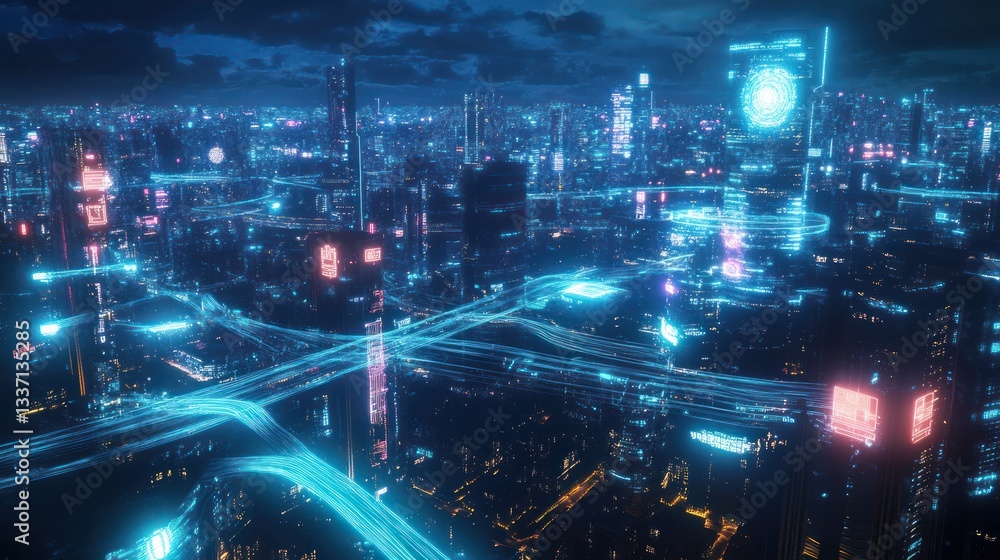 Obraz premium Futuristic city aerial view at night, glowing technology, transportation network, possible use for science fiction, concept art, or technology poster