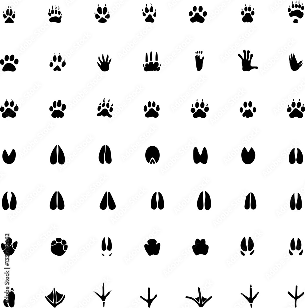 Obraz premium Paw vector foot trail print . Dog,cat,bear,wolf,chicken,cow, crocodile, donkey, duck, elephant and other silhouette animal. Paw print trail on transparent background. Vector illustration