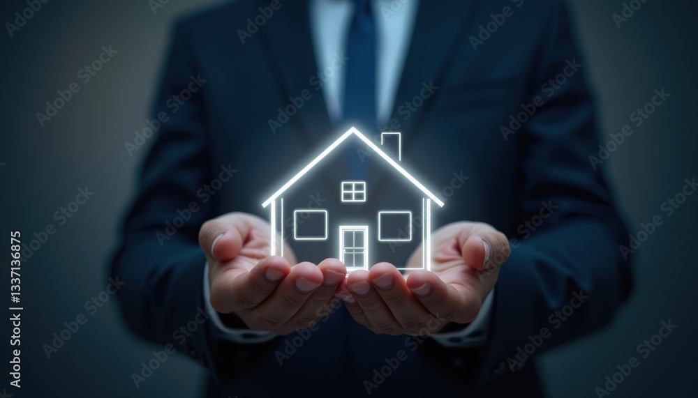 Professional in dark suit holding glowing digital house outline in hands, representing real estate investment, property management, housing market, home security, and wealth protection Professional in dark suit holding glowing digital house outline in hands, representing real estate investment, property management, housing market, home security, and wealth protection