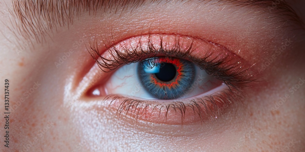 Obraz premium A close-up view of an eye showcases vibrant colors and unique details. The blue iris features a striking orange hue around the pupil. This image highlights beauty. AI