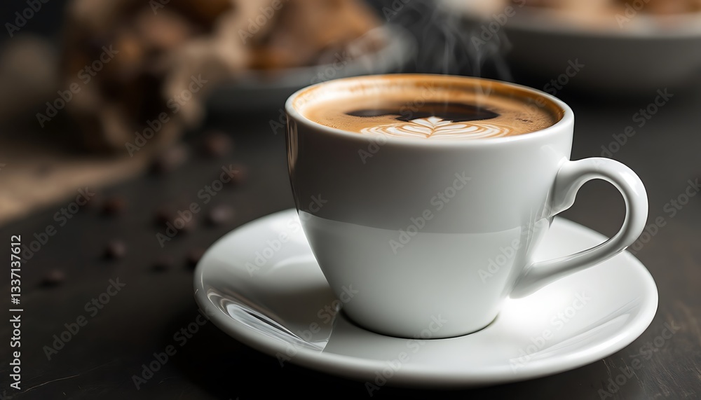 Fototapeta premium Hot cup of coffee with roasted beans on saucer