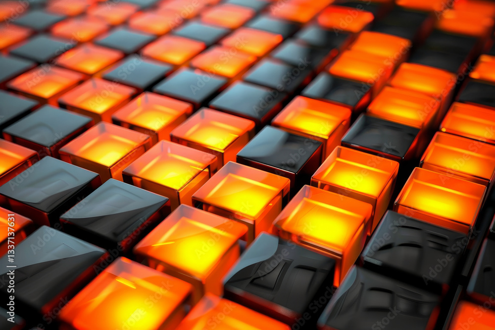 Fototapeta premium A mesmerizing composition of glowing red glass cubes arranged in a futuristic, abstract grid. The reflections and transparency create a dynamic sci-fi aesthetic. AI-generated.