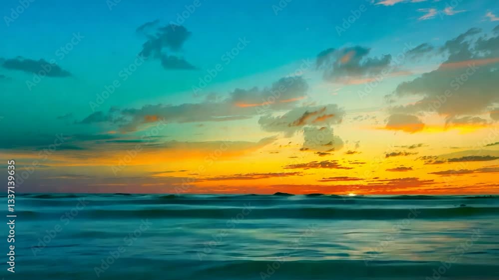 Serene sunset over the ocean with vibrant colors reflecting on calm waters and clouds Serene sunset over the ocean with vibrant colors reflecting on calm waters and clouds