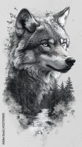 Monochromatic Fusion: Wolf Portrait with Forest and Riverine Landscape